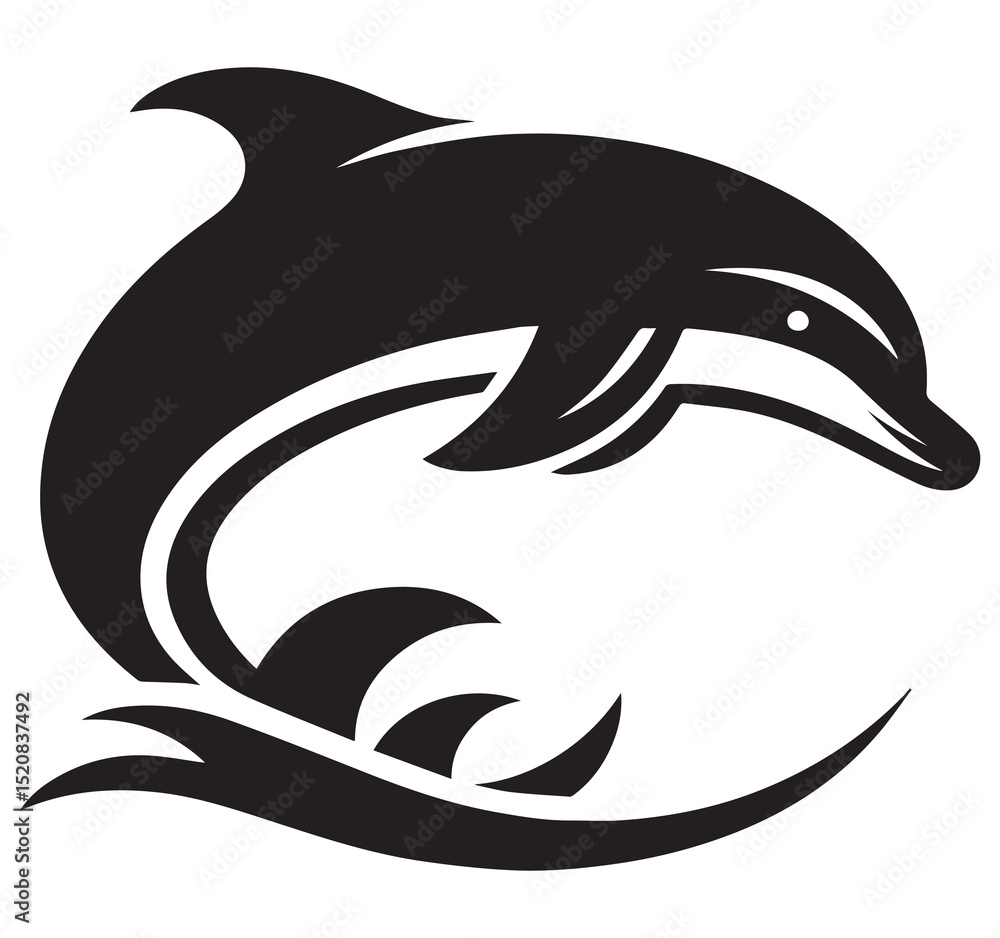 Fototapeta premium Dynamic Stylized Black Dolphin Leaping Over Ocean Waves Graphic Design Marine Animal Silhouette Logo Tattoo Artwork Vector Illustration
