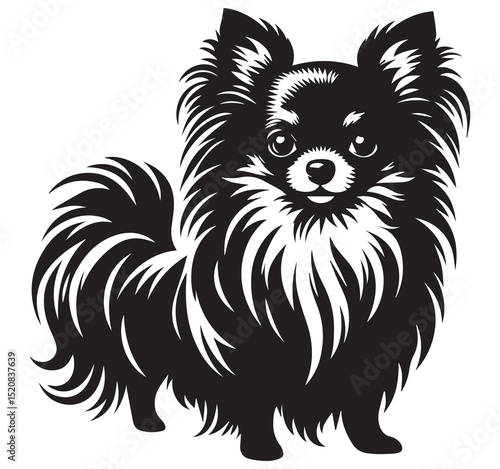 Fluffy Black and White Long Haired Chihuahua Dog Illustration Vector Art
