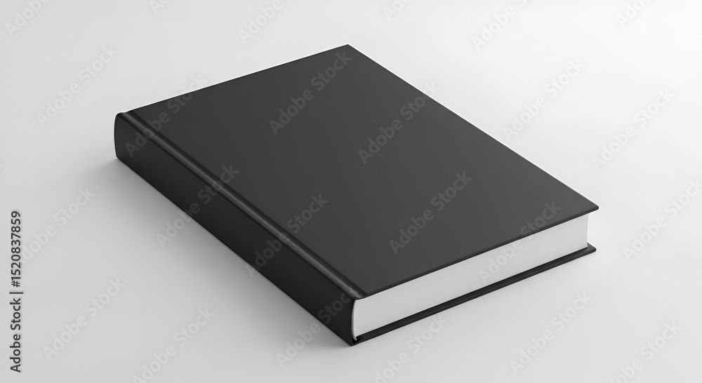 Black book lying flat on a light gray surface. Blank cover showcasing design possibilities. Generic book mockup for advertising or editorial use. Black book lying flat on a light gray surface. Blank cover showcasing design possibilities. Generic book mockup for advertising or editorial use.