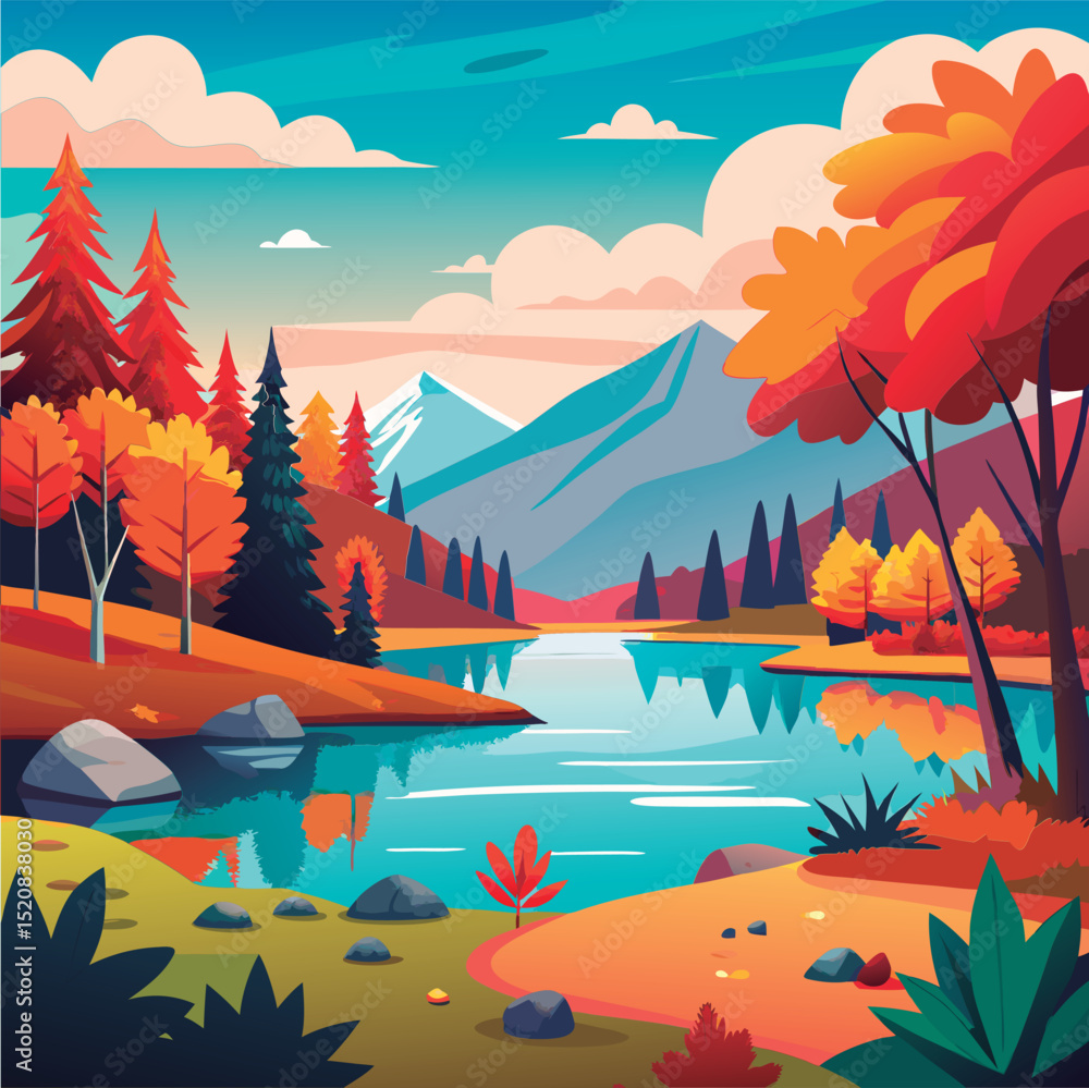 Fototapeta premium Autumn lake landscape with mountains.