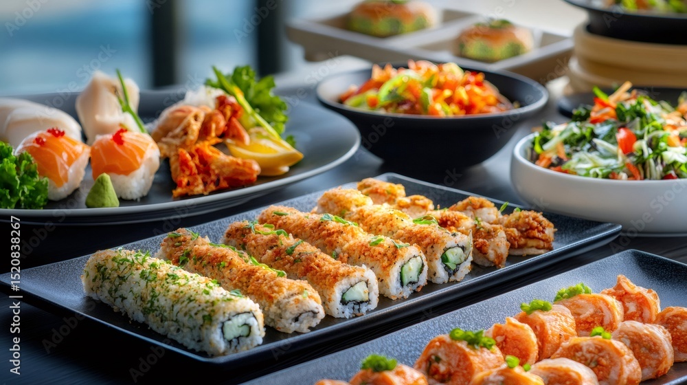 Delicious variety of japanese food displayed on a table for buffet Delicious variety of japanese food displayed on a table for buffet