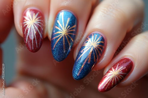 4th of July. fingernails with patriotic colors and miniature fireworks formed with decals and polish. AI-generated