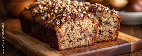 World baking day with chocolate dessert idea. Freshly baked chocolate banana loaf with a sprinkle of nuts on top.