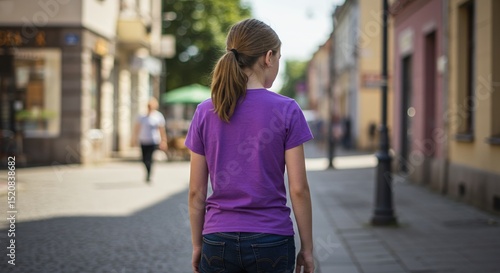 Girl Walking Down Sunny Cobblestone Street Back View