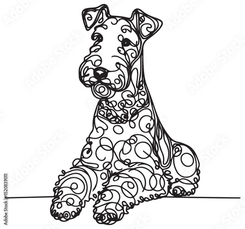 Detailed Abstract Decorative Intricate Swirling Line Art Drawing of a Sitting Wire Haired Terrier Pet Dog Black and White Artwork