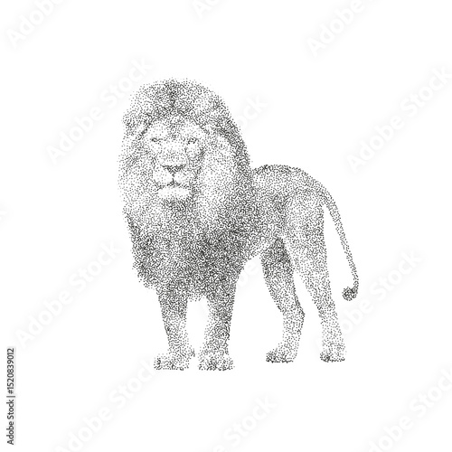 Majestic Lion Stippling Illustration – Realistic Black and White Dotwork Vector