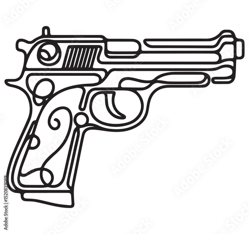 Black and White Outline Drawing of a Decorative Handgun Pistol Line Art Illustration with Elegant Swirls