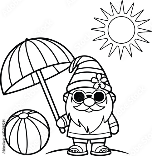 Adorable cartoon gnome enjoying a sunny beach day with beach ball and parasol