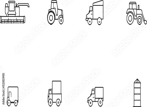 Line icons of agricultural machinery used for bulk feed production
