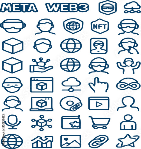META & Web3 Icon Set – 25 Editable Stroke Line Icons Featuring Virtual Reality, Avatars, Blockchain, NFTs, Cloud Computing, Shopping, Data Charts, and Digital Connectivity