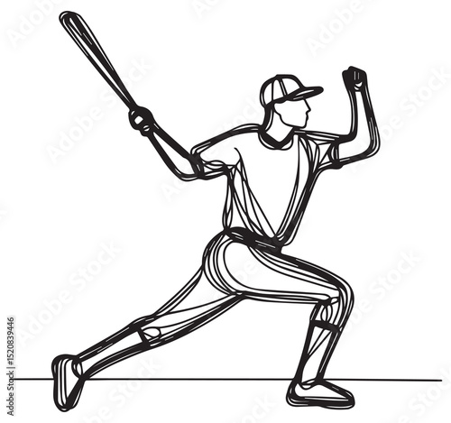 Dynamic Black and White Line Art Sketch of Baseball Player Swinging Baseball Bat Action Pose Sports Athlete