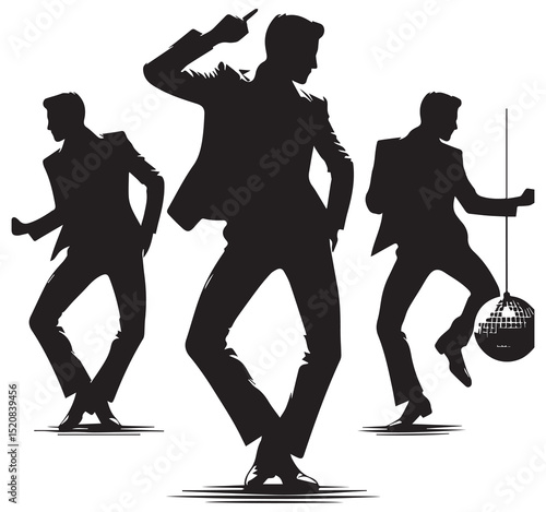 Retro Dance Party Silhouettes Men in Suits Dancing Vintage Rock and Roll Disco Style