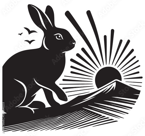 Black and white woodcut style illustration of a rabbit in a mountain landscape with sunrise and birds