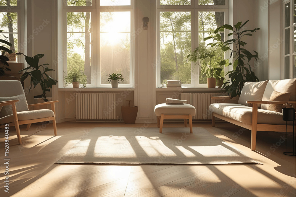 Fototapeta premium Sunlit Living Room Interior Design Sunlight Streaming Through Large Windows