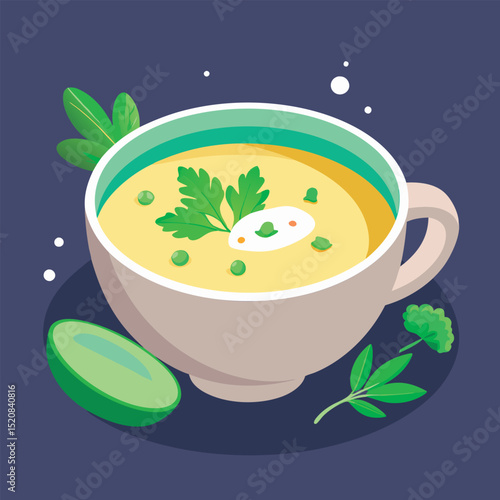Creamy pea soup in a bowl.