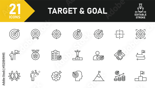 Target and Goals line icon set. Set of 21 outline icons related to target, goals, achievement, success, business and others. Editable stroke. Vector illustration.