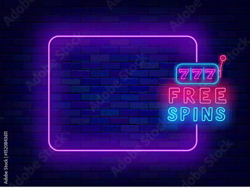 Casino neon invitation. Free spins for slot machine. Empty purple frame with jackpot. Light greeting card. Vector stock illustration