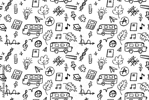 Seamless pattern with school icons like bus, leaf, note, and bulb in black color. Ideal for back to school or kindergarten designs, educational prints, and creative classroom projects. Vector bg