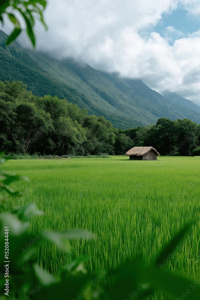 Obraz premium Lush green field with mountainous backdrop and rustic hut