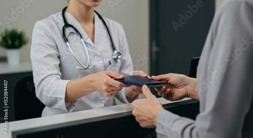 Female doctor in white uniform exchanging a passport with a patient at a clinic reception desk. Female doctor handing over a passport to a patient at a clinic reception desk.