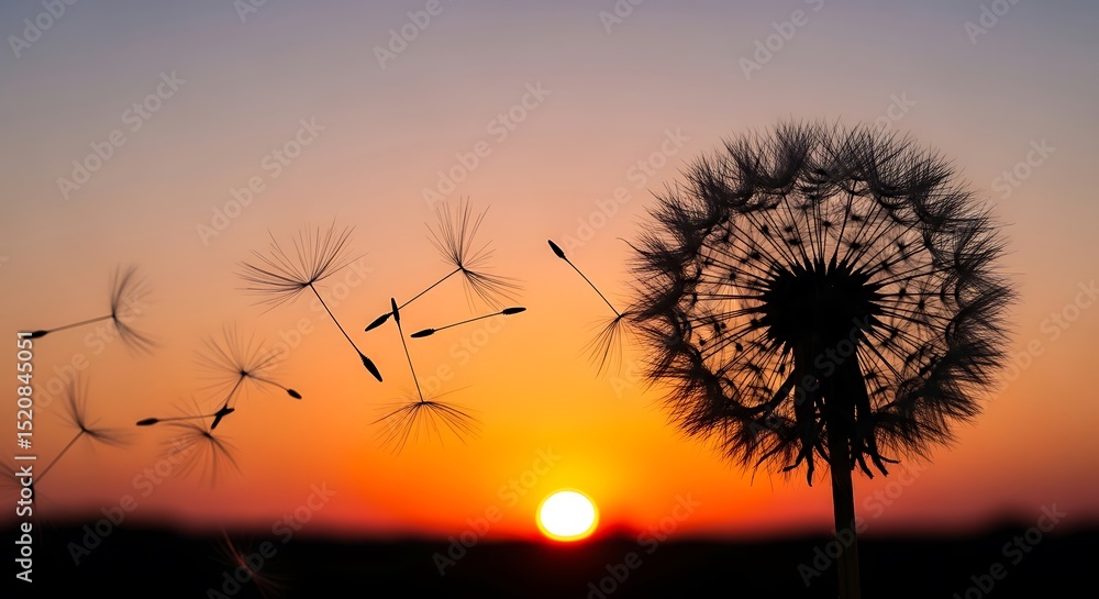 Fototapeta premium Dandelion Seeds Flying Sunset
