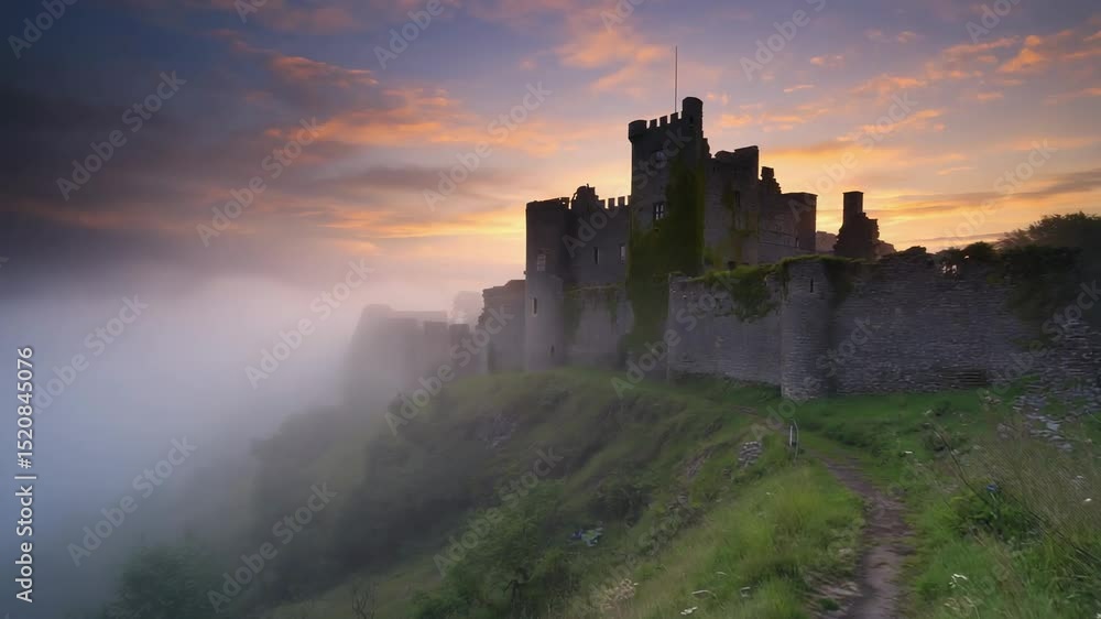 Misty sunrise illuminates ancient castle ruins on a verdant hilltop. Misty sunrise illuminates ancient castle ruins on a verdant hilltop.