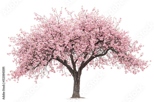 A vibrant pink cherry blossom tree in full bloom, isolated on a transparent background background removed