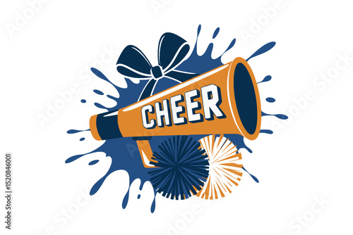 Cheer Megaphone with Bow and Pom Pom Design, Dynamic cheerleading graphic featuring an orange megaphone, blue bow, and pom pom with splash background, symbolizing spirit and energy.

