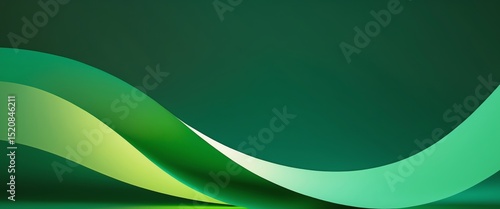 Abstract Green Waves on a Dark Green Background, Reflecting on a Green Surface.