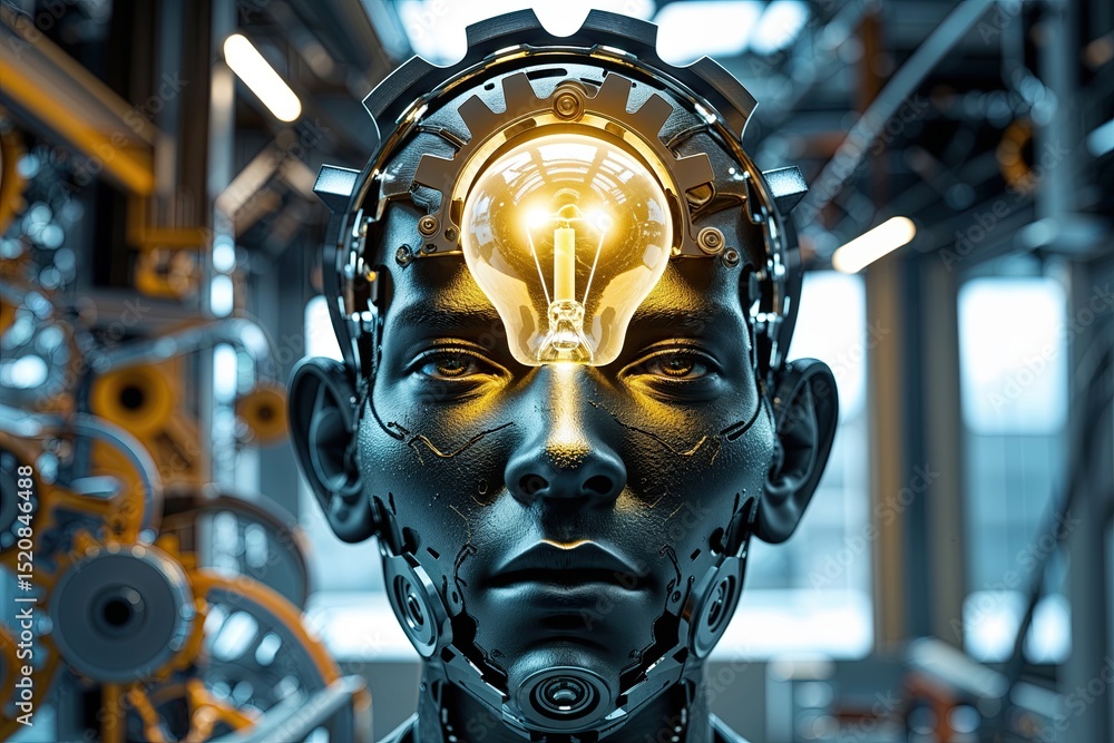 Obraz premium Human Heads Sculpted from Gears with a Luminescent Light Bulb Essence Representing Innovative Thought and Technology