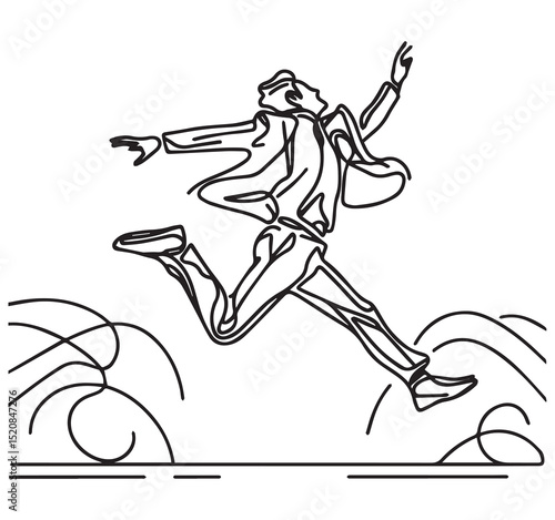Dynamic Abstract Continuous Line Art Man in Suit Leaping Running Minimalist Black White