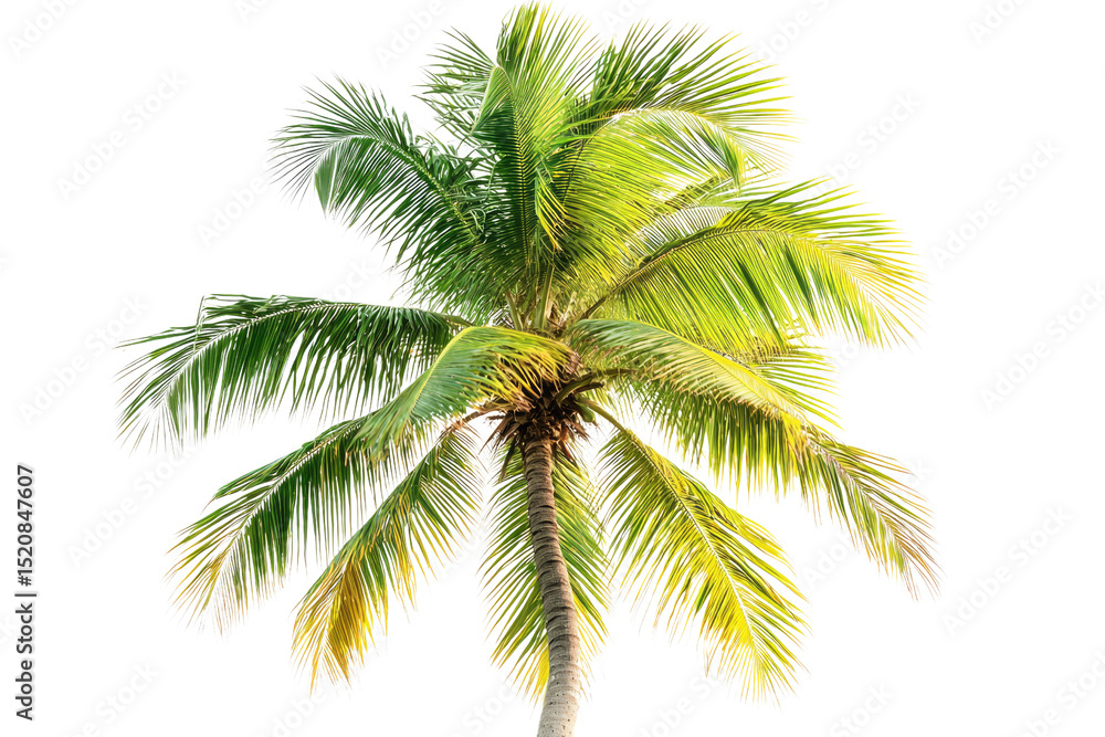 Fototapeta premium A vibrant, lush green coconut palm tree, isolated on a transparent background background removed