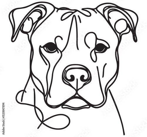 Minimalist Continuous Line Art Black and White Pit Bull Dog Head Portrait Simple Outline Drawing Illustration