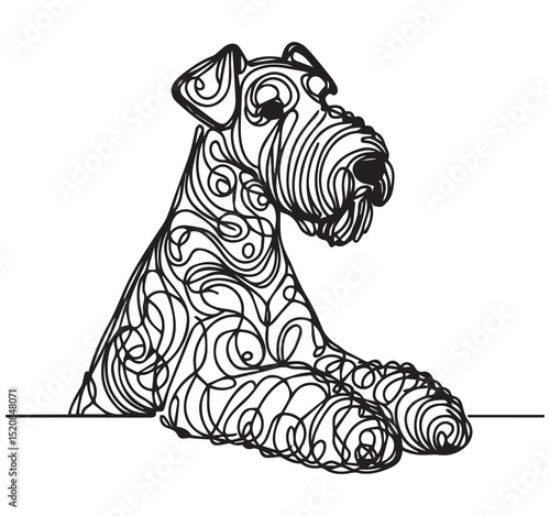 Airedale Terrier dog black and white swirly continuous line art drawing