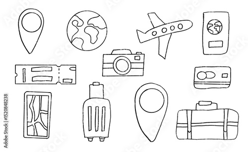 Travel elements marker drawn line set. Suitcase, location map, passport hand drawn doodle isolated on white background. Bags, airplane, pass board shapes. Vector illustration by pencil.