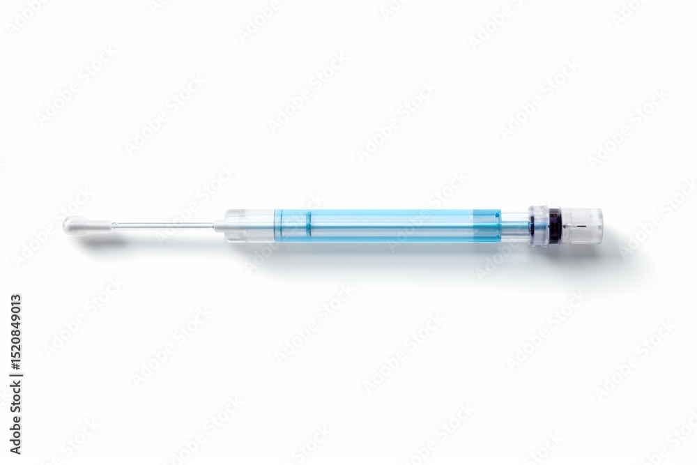 Fototapeta premium Syringe with blue liquid and needle placed on a white background