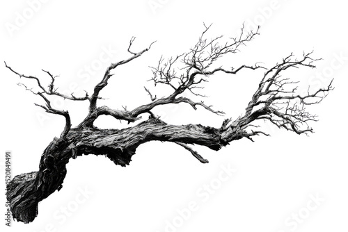 A grayscale image of a gnarled, dead tree branch, isolated against a transparent background background removed