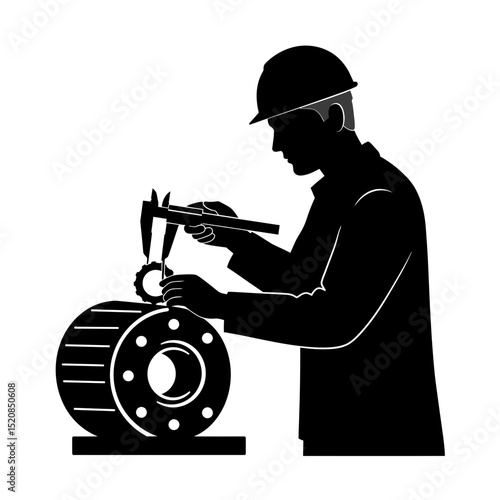 Male Engineer Silhouette: Calipers, Measuring Mechanical Part