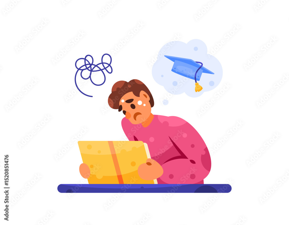 Illustration of a male student is troubled to learn graduation exams. academic pressure concept. difficult to learn. efforts to gain graduation. Educational Problems. Desian Flat Style Character Illustration of a male student is troubled to learn graduation exams. academic pressure concept. difficult to learn. efforts to gain graduation. Educational Problems. Desian Flat Style Character