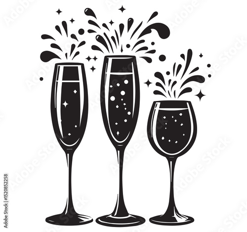 Elegant Black and White Illustration Three Champagne Glasses Toasting Celebration Bubbles and Splashes