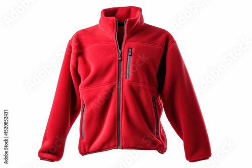 Red fleece jacket displayed on white background for outdoor apparel promotion