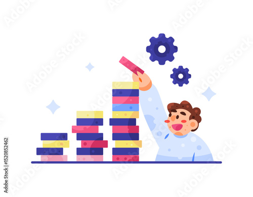 Illustration of a man piles up as high as possible beams. Personal growth concept. self improvement and development. Continue to learn to continue to develop. Desian Flat Style Character