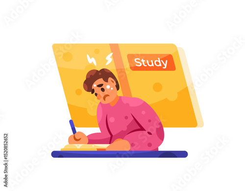 Illustration of a male student in trouble doing homework. academic pressure concept. difficult to learn. Trying to learn even though it's hard. Educational Problems. Desian Flat Style Character
