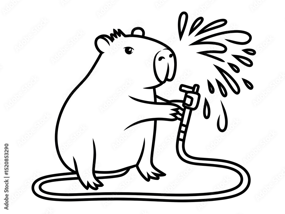 Coloriage - Capybara arrosant avec un tuyau dans un jardin Coloriage - Capybara arrosant avec un tuyau dans un jardin
