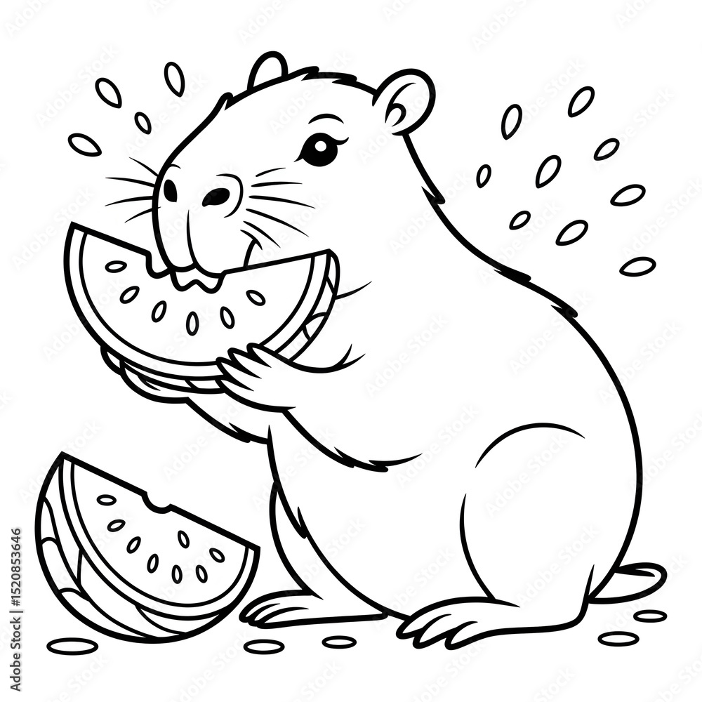 Coloriage - Capybara savourant une pastèque juteuse Coloriage - Capybara savourant une pastèque juteuse