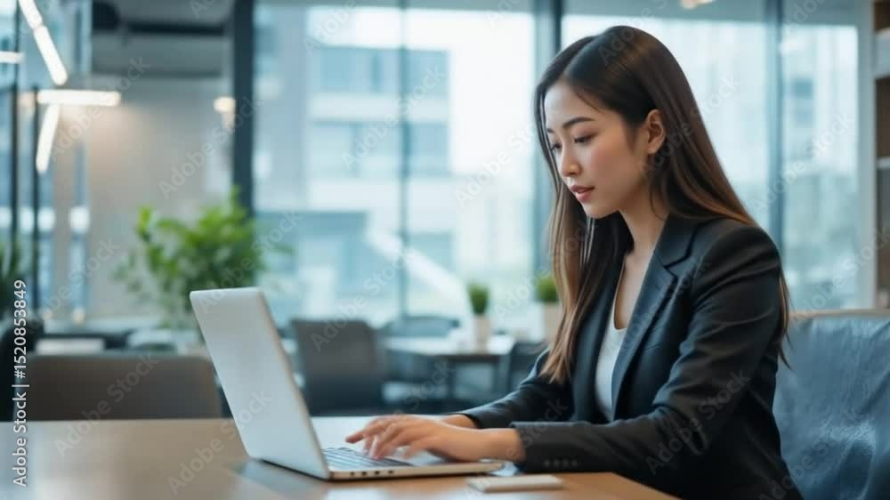 Asian businesswoman working on laptop in a bright modern office space, showing professionalism and focus Asian businesswoman working on laptop in a bright modern office space, showing professionalism and focus
