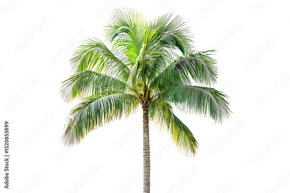 Fototapeta premium A tall, slender palm tree with lush green fronds, isolated on a transparent background background removed