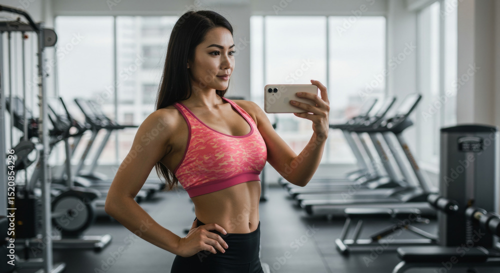 Obraz premium Asian woman in athletic wear taking a selfie in a modern gym. Female fitness influencer posing with phone in a bright fitness center.