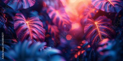 Neon Background with Monstera Leaves. Generated AI. 