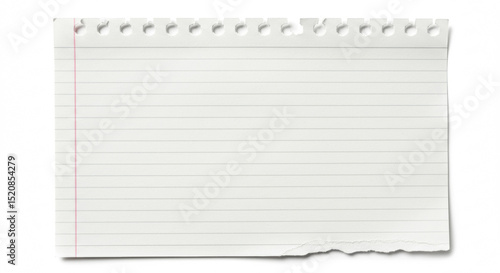 Blank lined torn notepad paper against white background. Empty page with lined paper and torn edges showing in a high-angle, studio shot.